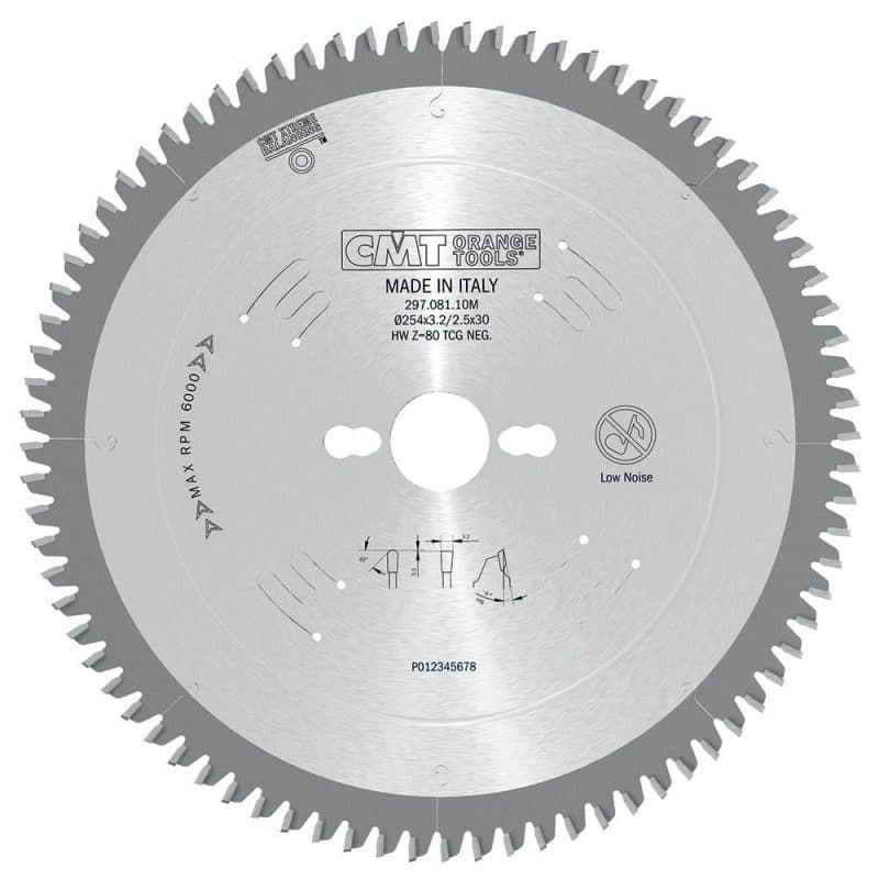 CMT sagblad for laminerte plater, ikke-jernholdig metall, plast - D250x3,2 d30 Z80 HW Low Noise