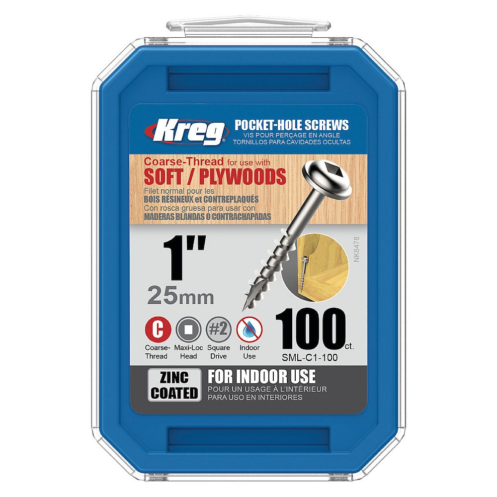 Kreg Zinc Maxi-Loc Pocket-Hole Screws - 25 mm, grov gjenge, 100 stk