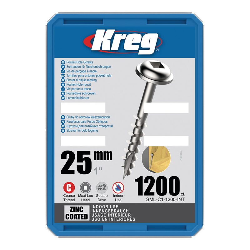 Kreg Zinc Maxi-Loc Pocket-Hole Screws - 25 mm, grov gjenge, 1200 stk
