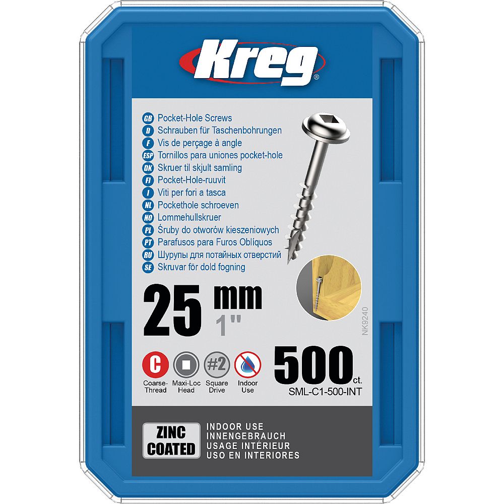 Kreg Zinc Maxi-Loc Pocket-Hole Screws - 25 mm, grov gjenge, 500 stk