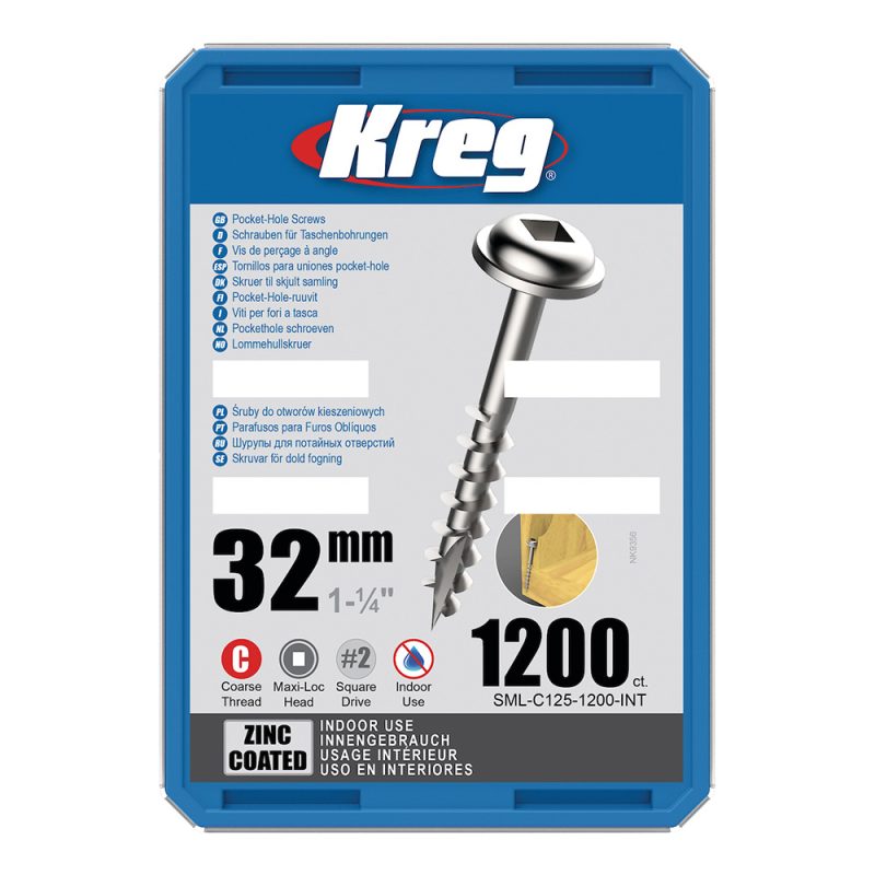 Kreg Zinc Maxi-Loc Pocket-Hole Screws - 32 mm, grov gjenge, 1200 stk
