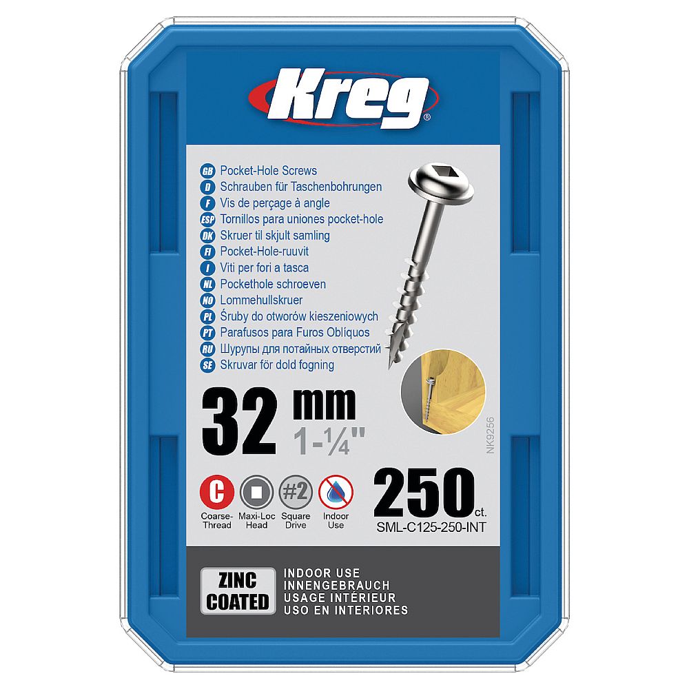 Kreg Zinc Maxi-Loc Pocket-Hole Screws - 32 mm, grov gjenge, 250 stk