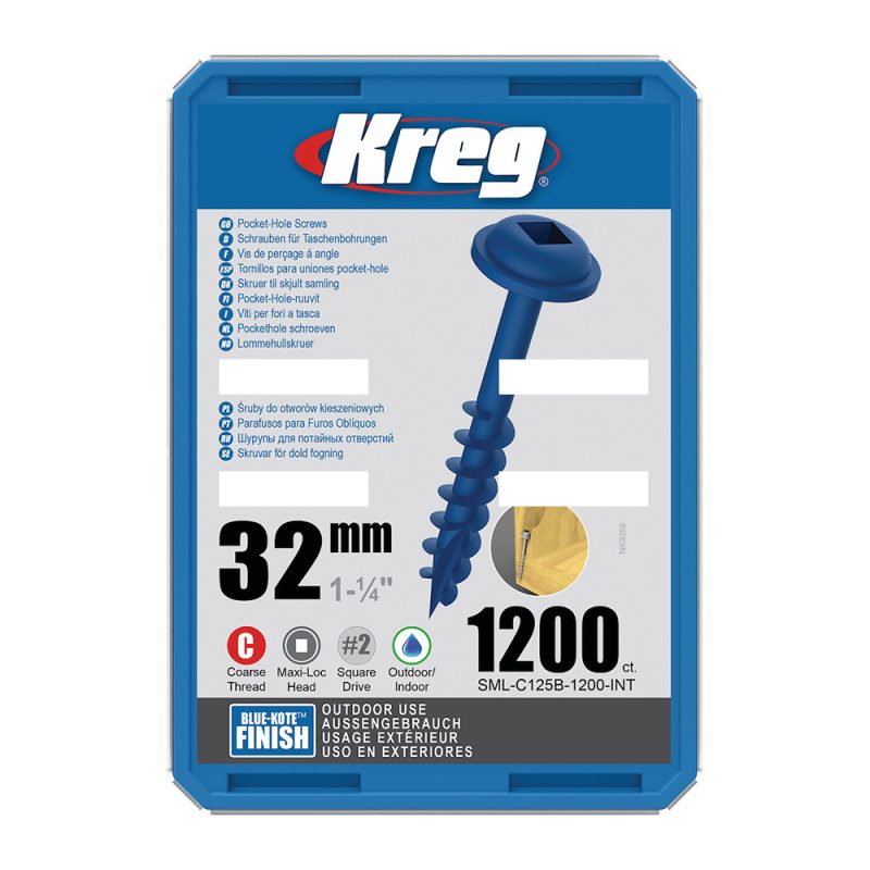 Kreg Blue-Kote Maxi-Loc lommehullskruer -32 mm, grov gjenge, 1200 stk