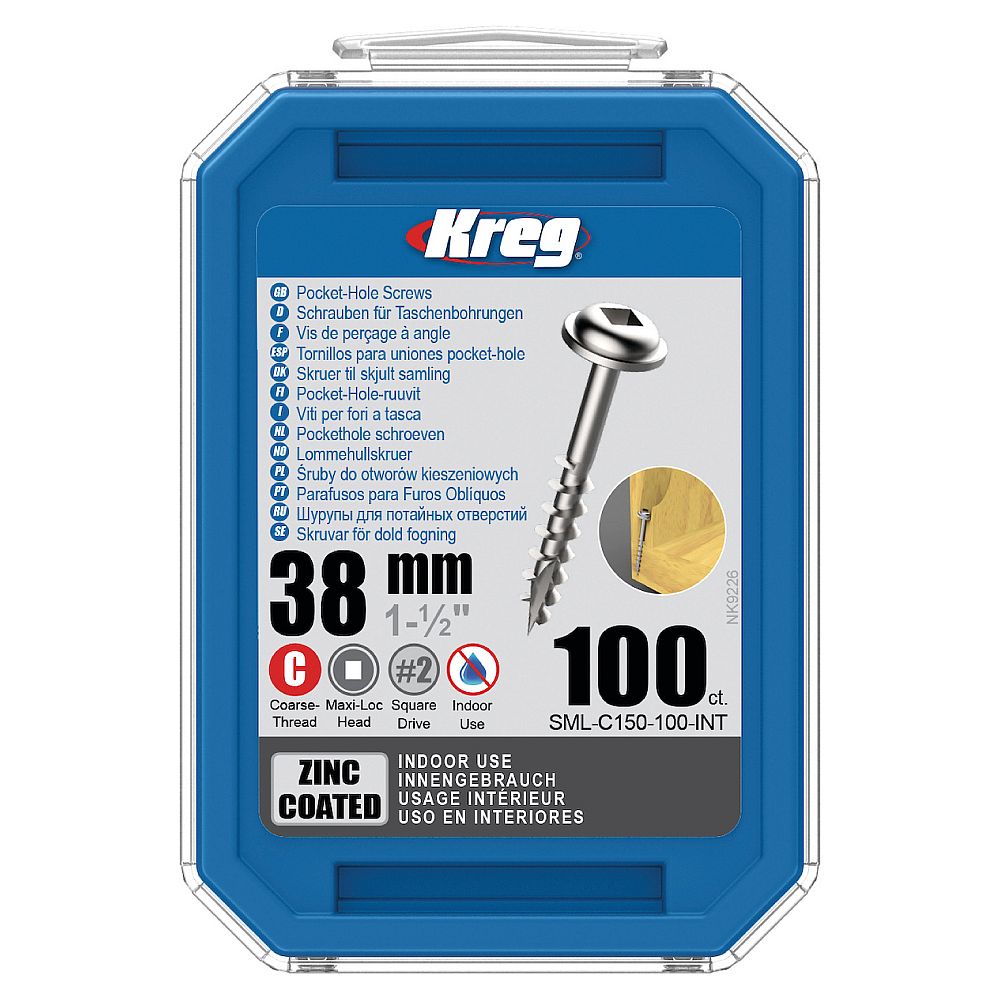 Kreg Zinc Maxi-Loc Pocket-Hole Screws - 38 mm, grov gjenge, 100 stk