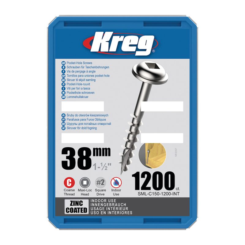 Kreg Zinc Maxi-Loc Pocket-Hole Screws - 38 mm, grov gjenge, 1200 stk