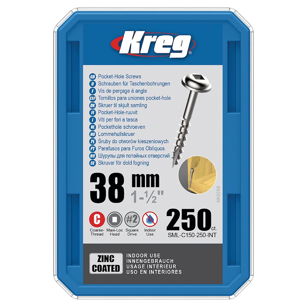 Kreg Zinc Maxi-Loc Pocket-Hole Screws - 38 mm, grov gjenge, 250 stk