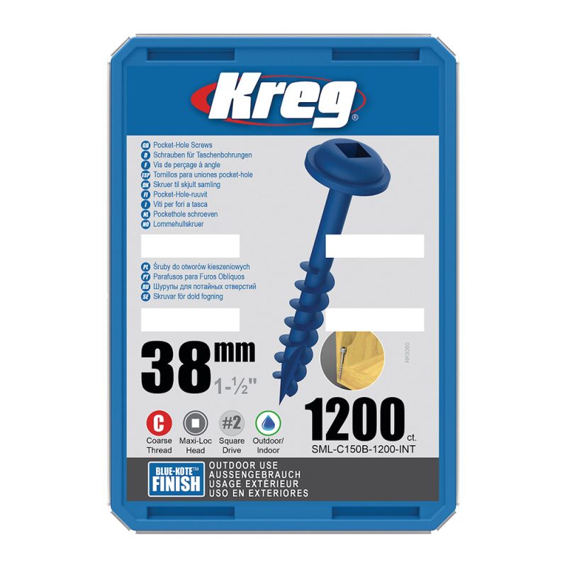 Kreg Blue-kote Maxi-Loc lommehullskruer - 38 mm, grov gjenge, 1200 stk