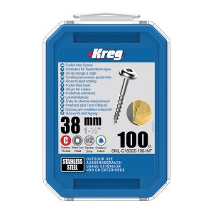 Kreg Maxi-Loc lommehullskruer i rustfritt stål - 38 mm, grov gjenge, 100 stk