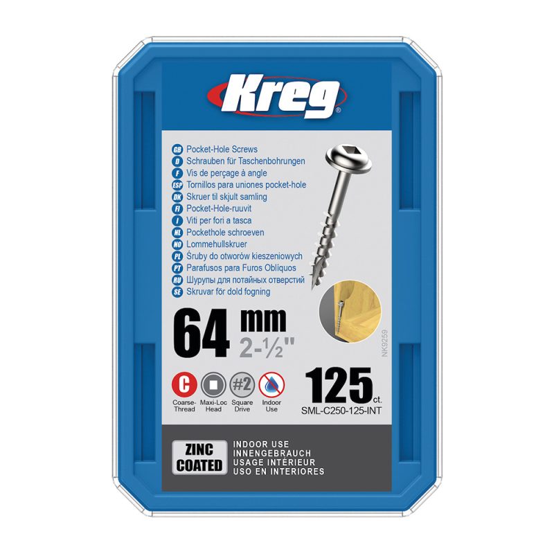 Kreg Zinc Maxi-Loc Pocket-Hole Screws - 64 mm, grov gjenge, 125 stk