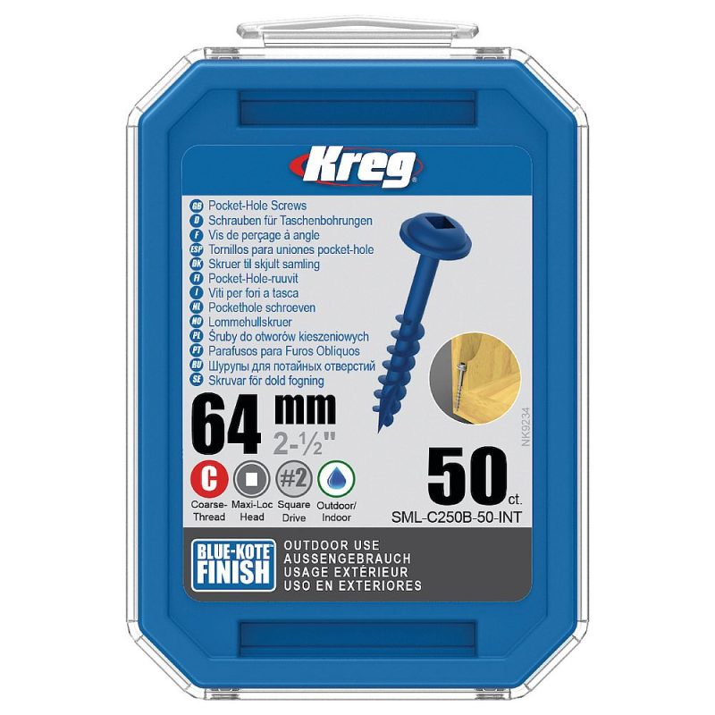 Kreg Blue-Kote Maxi-Loc lommehullskruer - 64 mm, grov gjenge, 50 stk