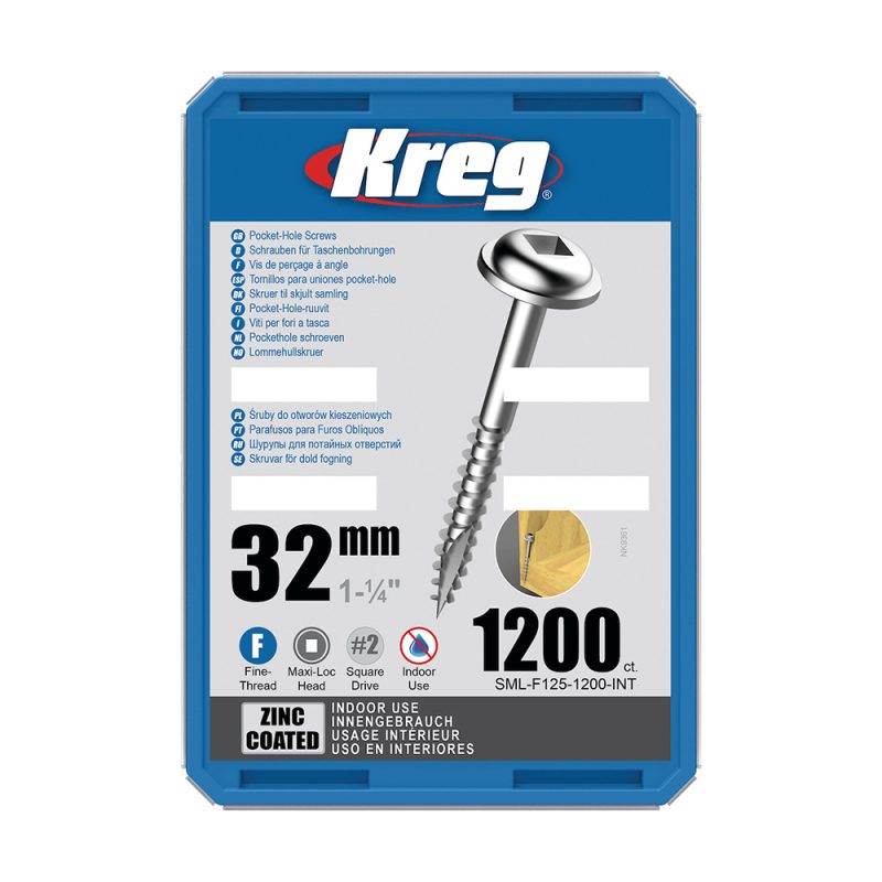 Kreg Zinc Maxi-Loc Pocket-Hole Screws - 32 mm, fin gjenge, 1200 stk