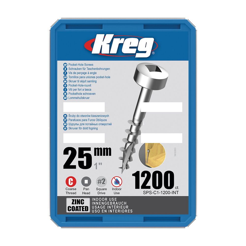 Kreg sink lommehullskruer med panhode - 25 mm, grov gjenge, 1200 stk