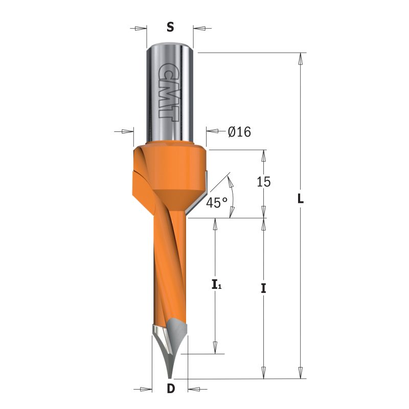 CMT 378 Dowel drill for gjennomgående hull med forsenking S10 L70 HW - D7x35 D2=16 S=10x20 RH - Bilde 2