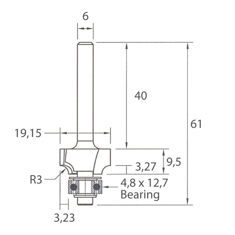 IGM M138 Roundover fresebit - R3 D19,15x9,5 L61 S=6 HW - Bilde 5