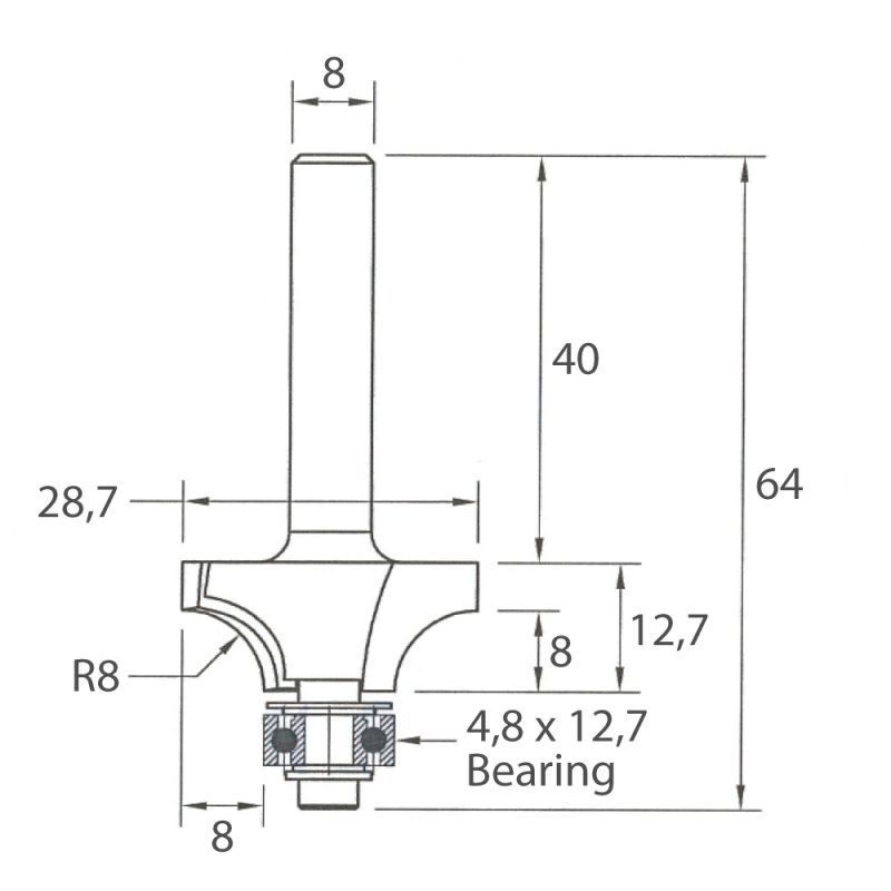 IGM M138 Roundover fresebit - R8 D28,7x12,7 L64 S=8 HW - Bilde 5