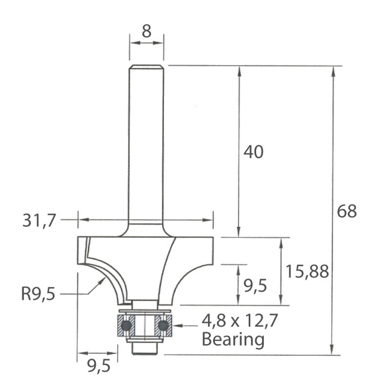IGM M138 Roundover fresebit - R9,5 D31,7x15,88 L68 S=8 HW - Bilde 5